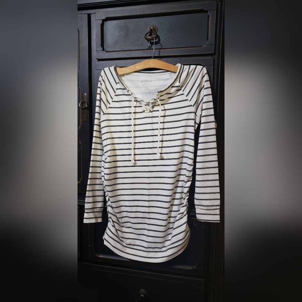 a:glow Cream and Black Striped Lace-Up Long Sleeve Tee